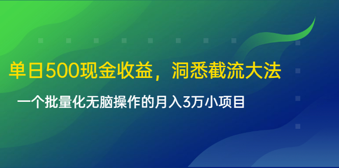 单日500现金收益，洞悉截流大法，一个批量化无脑操作的月入3万小项目-大兵轻创资源库