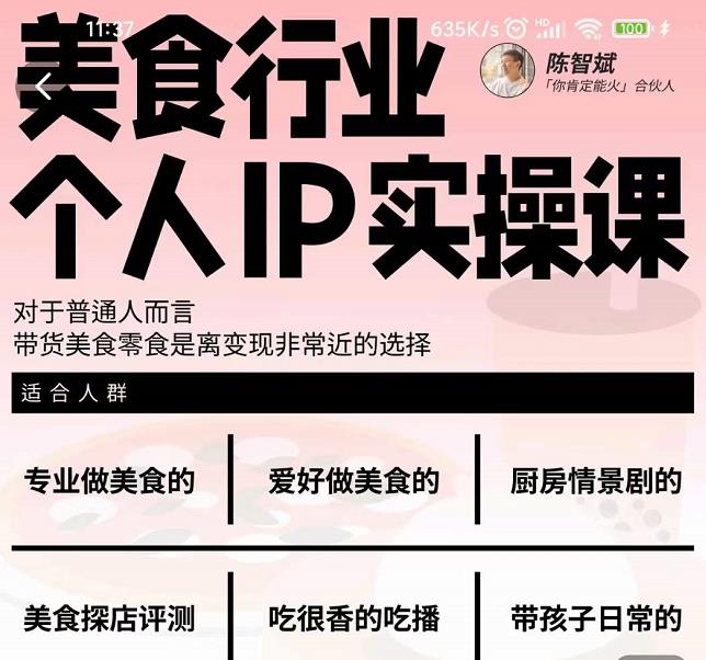 美食行业个人IP实操课，对于普通人而言，带货美食零食是离变现非常近的选择-大兵轻创资源库