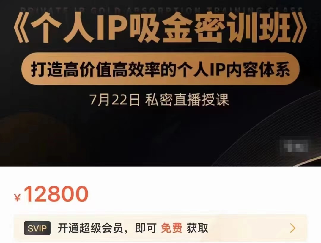 个人IP吸金密训班，打造高价值高效率的个人IP内容体系（价值12800元）-大兵轻创资源库