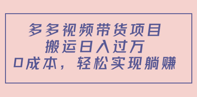 多多视频带货项目，搬运日入过万，0成本，轻松实现躺赚（教程+软件）-大兵轻创资源库