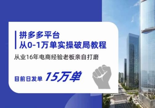 拼多多从0-1万单实操破局教程，从业16年电商经验打磨，目前日发单15万单-大兵轻创资源库