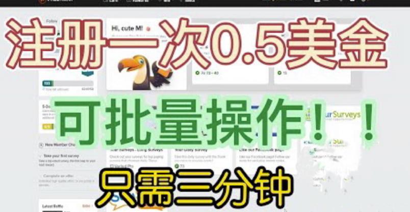 国外项目注册一次0.5美金，只需三分钟无脑操作，可批量同时放大操作，小白工作室福利【揭秘】-大兵轻创资源库