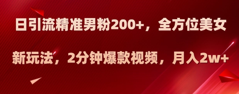 日引流精准男粉200+，全方位美女新玩法，2分钟爆款视频，月入2w+【揭秘】-大兵轻创资源库