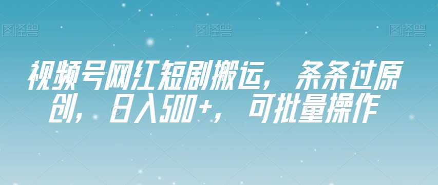 视频号网红短剧搬运，条条过原创，日入500+，可批量操作【揭秘】-大兵轻创资源库