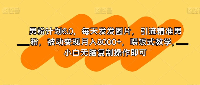 男粉计划6.0，每天发发图片，引流精准男粉，被动变现月入8000+，喂饭式教学，小白无脑复制操作即可-大兵轻创资源库