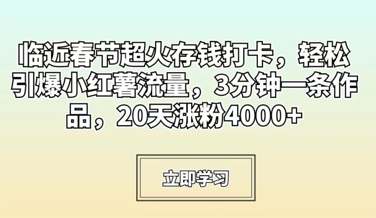 临近春节超火存钱打卡，轻松引爆小红薯流量，3分钟一条作品，20天涨粉4000+【揭秘】-大兵轻创资源库