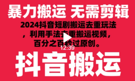 2024最新抖音搬运技术，抖音短剧视频去重，手法搬运，利用工具去重，达到秒过原创的效果【揭秘】-大兵轻创资源库