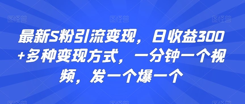 最新S粉引流变现，日收益300+多种变现方式，一分钟一个视频，发一个爆一个【揭秘】-大兵轻创资源库
