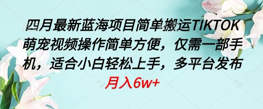 四月最新蓝海项目，简单搬运TIKTOK萌宠视频，操作简单方便，仅需一部手机【揭秘】-大兵轻创资源库