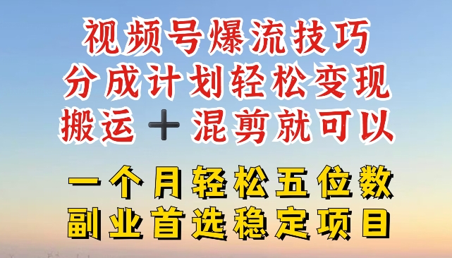 视频号爆流技巧，分成计划轻松变现，搬运 +混剪就可以，一个月轻松五位数稳定项目【揭秘】-大兵轻创资源库