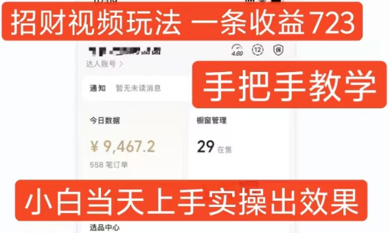 招财视频玩法，一条视频收益723，手把手教学，小白当天可上手-大兵轻创资源库