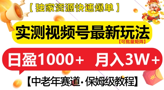 实测视频号最新玩法，中老年赛道，独家资源，月入过W+【揭秘】-大兵轻创资源库