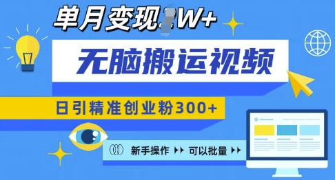 无脑搬运视频号可批量复制，新手即可操作，日引精准创业粉300+，月变现过W 【揭秘】-大兵轻创资源库
