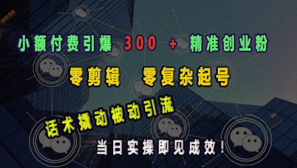 小额付费引爆 300 + 精准创业粉，零剪辑、零复杂起号，话术撬动被动引流，当日实操即见成效-大兵轻创资源库