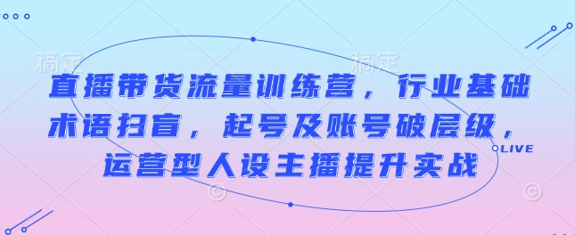 直播带货流量训练营，行业基础术语扫盲，起号及账号破层级，运营型人设主播提升实战-大兵轻创资源库
