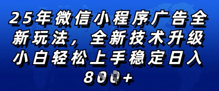 2025年微信小程序全新玩法纯小白易上手，稳定日入多张，技术全新升级，全网首发【揭秘】-大兵轻创资源库