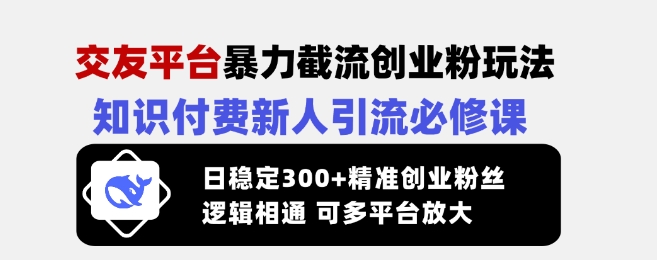交友平台暴力截流创业粉玩法，知识付费新人引流必修课，日稳定300+精准创业粉丝，逻辑相通可多平台放大-大兵轻创资源库
