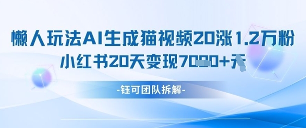 懒人玩法AI生成猫咪图片视频，20涨1.2W万粉，小红书商单20天变现7k-大兵轻创资源库