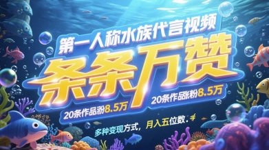 第一人称水族代言视频，条条万赞，20条作品涨粉7.8W，多种变现方式月入五位数-大兵轻创资源库