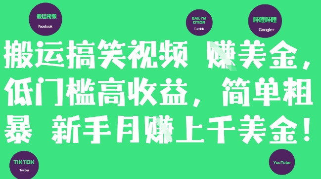 搬运搞笑视频挣美金，低门槛高收益，简单粗暴新手月入上千美刀-大兵轻创资源库