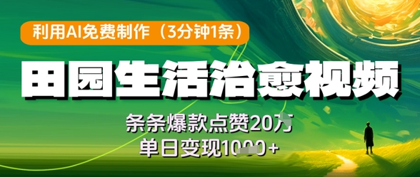 利用AI免费制作田园生活治愈视频，条条爆款点赞20W，单日变现几张-大兵轻创资源库