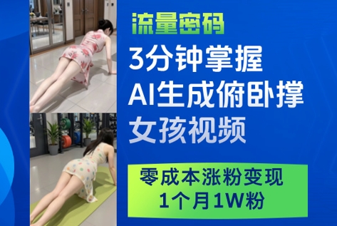 3分钟掌握AI生成俯卧撑女孩视频，零成本涨粉变现，1个月1W粉-大兵轻创资源库