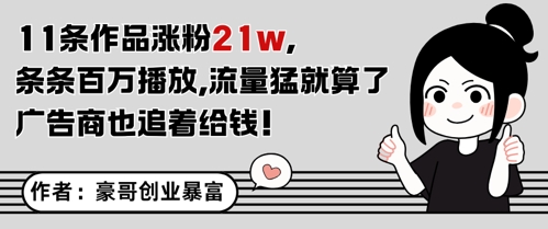 11条作品涨粉21W，条条百W播放，流量猛就算了，广告商也追着给钱-大兵轻创资源库