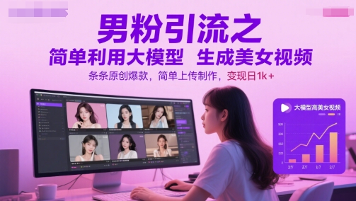 男粉引流之简单利用大模型生成美女视频，条条原创爆款，简单上传制作，变现日1k+-大兵轻创资源库