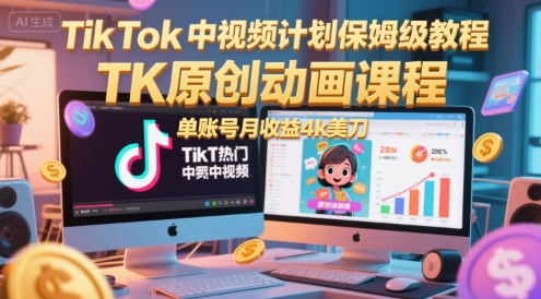TikTok中视频计划保姆级教程，TK原创动画课程，单账号月收益4k美刀-大兵轻创资源库