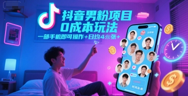 抖音男粉项目0成本玩法，一部手机即可操作，日均4张+，时间自由-大兵轻创资源库