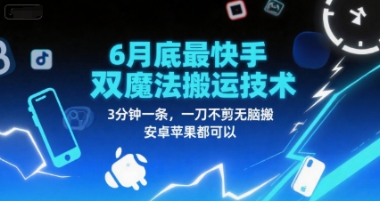 6月底最新快手双魔法搬运技术，3分钟一条，一刀不剪无脑搬，安卓苹果都可以-大兵轻创资源库