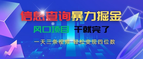 信息查询暴力掘金，一天三条视频，轻松变现四位数，风口项目干就完了【揭秘】-大兵轻创资源库