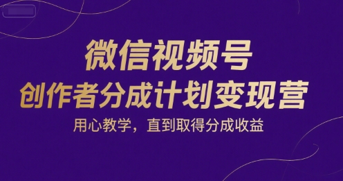 微信视频号创作者分成计划变现营，用心教学，直到取得分成收益-大兵轻创资源库
