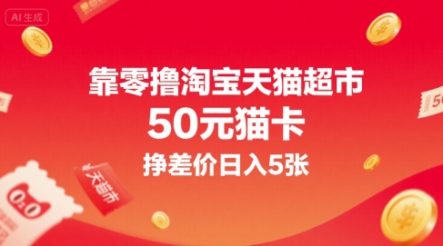 靠零撸淘宝天猫超市50元猫卡，挣差价日入5张-大兵轻创资源库