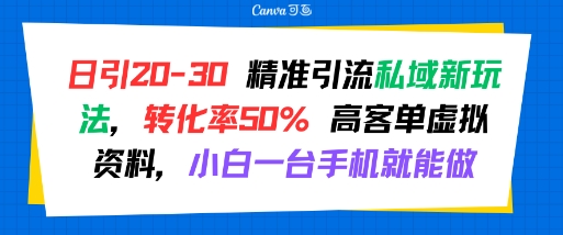 日引 20-30 精准引流私域新玩法，转化率50% 高客单虚拟资料，小白一台手机就能做-大兵轻创资源库