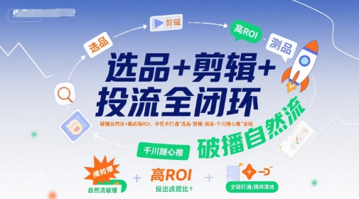 选品+剪辑+投流全闭环，破播自然流+撬动高ROI，手把手打通“选品-剪辑-测品-千川随心推”全链-大兵轻创资源库