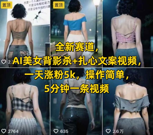 全新赛道，AI美女背影杀+扎心文案视频，一天涨粉5k，操作简单，5分钟一条视频-大兵轻创资源库