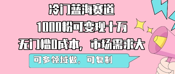 冷门蓝海赛道，1000粉可变现十W，无门槛0成本，市场需求大，可多领域做，可复制性强-大兵轻创资源库