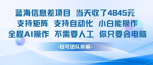 蓝海信息差项目当天收米1k+ 支持矩阵支持自动化小白能操作全程AI操作不需要人工你只要会电脑-大兵轻创资源库