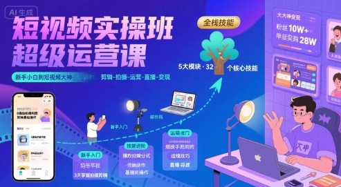短视频实操班超级运营课，新手小白到短视频大神必修课程，剪辑-拍摄-运营-直播-变现-大兵轻创资源库