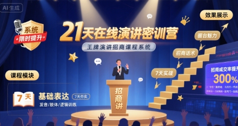 21天在线演讲密训营，王牌演讲招商课程系统-大兵轻创资源库