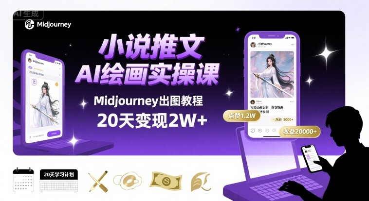小说推文干货分享之AI绘画MJ出图实操课，用Midjourney做小说推文，20天挣2w-大兵轻创资源库