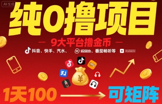 纯0撸项目，9大平台撸金币，抖音，快手，汽水，番茄畅听等，1天100，可矩阵-大兵轻创资源库