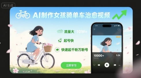 AI制作女孩骑单车治愈视频，流量大，起号快，快速起千粉万粉号-大兵轻创资源库