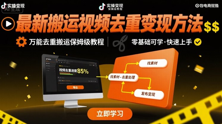 最新搬运视频去重变现方法，万能去重搬运保姆级教程-大兵轻创资源库