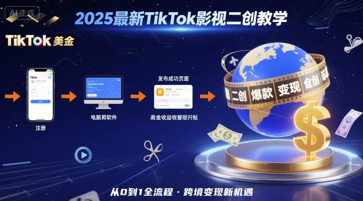 2025年最新TikTok影视二创教学，从注册到发布撸美金全流程，跨境变现新机遇-大兵轻创资源库
