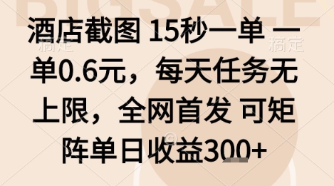酒店截图项目，15秒一单，一单0.6米，每天任务无上限，全网首发可矩阵单日收益3张+【揭秘】-大兵轻创资源库