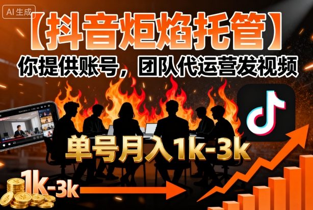 【抖音炬焰托管】你提供账号，团队代运营发视频，单号月入1k+【揭秘】-大兵轻创资源库