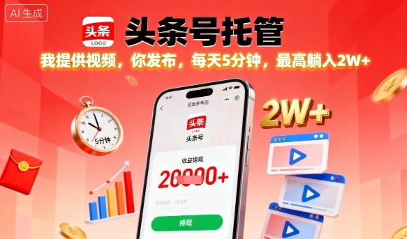 【头条号托管】我提供视频，你发布，每天5分钟，最高躺入2W+【揭秘】-大兵轻创资源库
