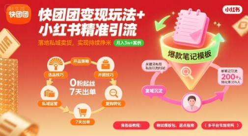 快团团变现玩法+小红书精准引流技巧，助你真正落地私域卖货，实现持续挣米-大兵轻创资源库